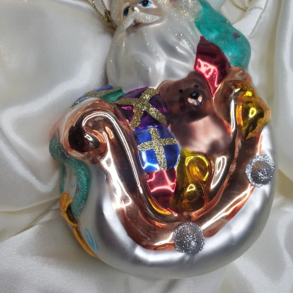 Vintage Hand Blown Mercury‎ Glass Santa Sleigh Christmas Ornament Hand Painted